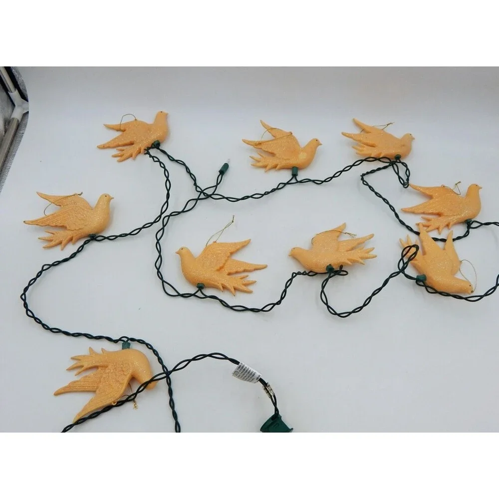 Vintage Blow Mold Dove Bird String Light Set Glitter Ornaments Set of 9 (10)